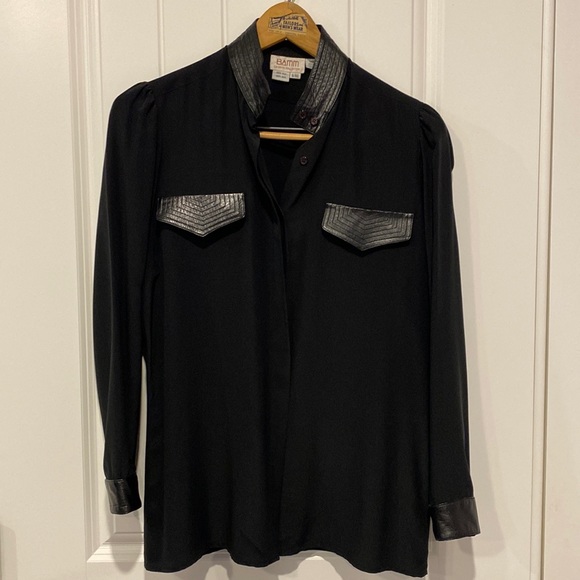 Bamm Collection Tops - Vintage black silk and leather blouse